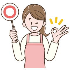 マルのプレートを持つ若い主婦のイラスト