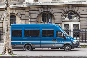 Paris, France; January 10, 2020: Big blue van of the police of france parked in the sidewalk