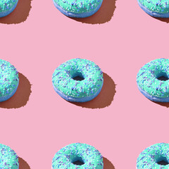 Many donuts square pattern. Set same cakes concept. Hard shadow. Top view colorful background....