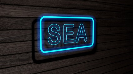 Sea cyan color neon fluorescent tubes signs on wooden wall. 3D render, illustration, poster, banner. Inscription, concept on gray wooden wall background.