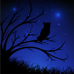 Starry night background with owl looking the pry, tree and grass silhouette. Widescreen starry night background