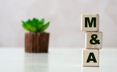 M&A word on wooden cubes on a light background with a cactus