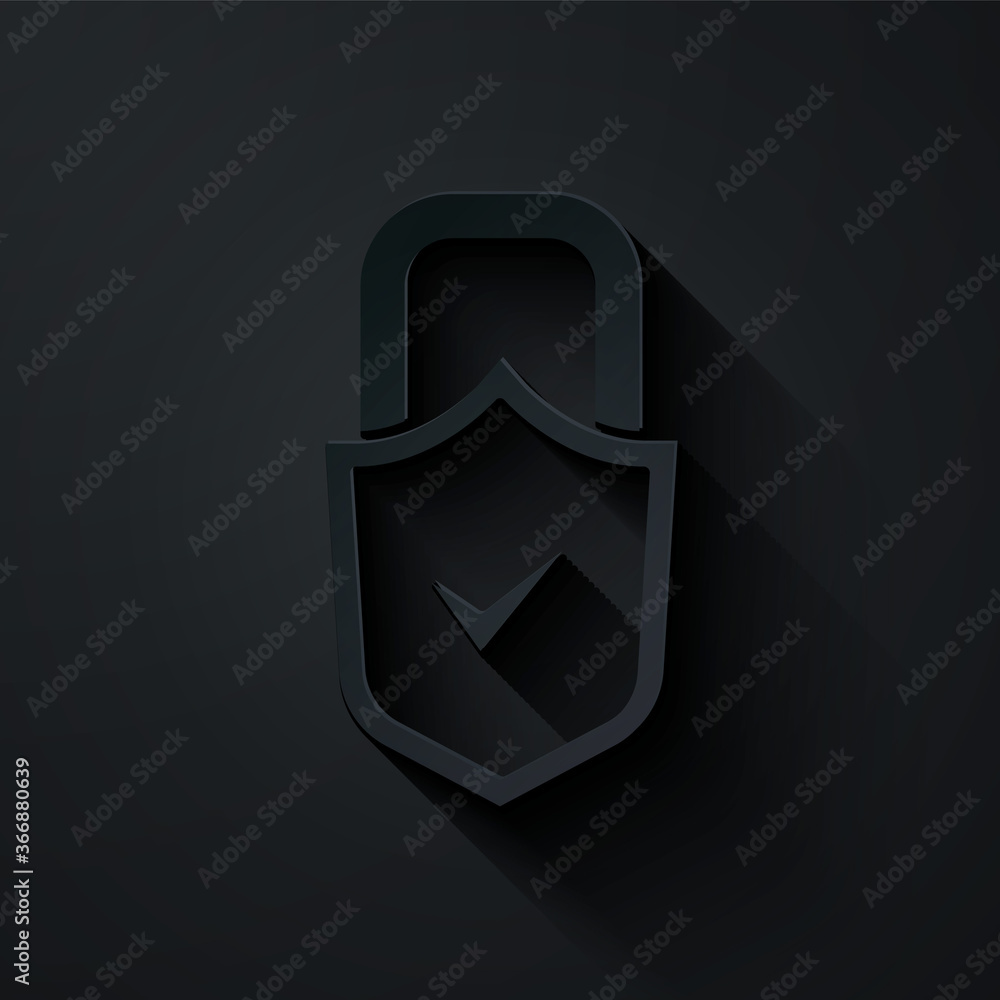 Poster paper cut open padlock and check mark icon isolated on black background. cyber security concept. dig