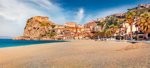 Captivating morning view of Scilla town with Ruffo castle on background, administratively part of...