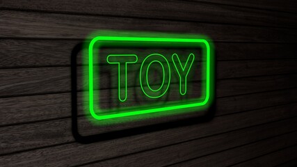 Toy green color neon fluorescent tubes signs on wooden wall. 3D render, illustration, poster, banner. Inscription, concept on gray wooden wall background.