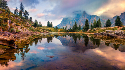 Gloomy morning view of Limides lake. Amazing summer scene of Dolomiti Alps, Cortina d'Ampezzo,...