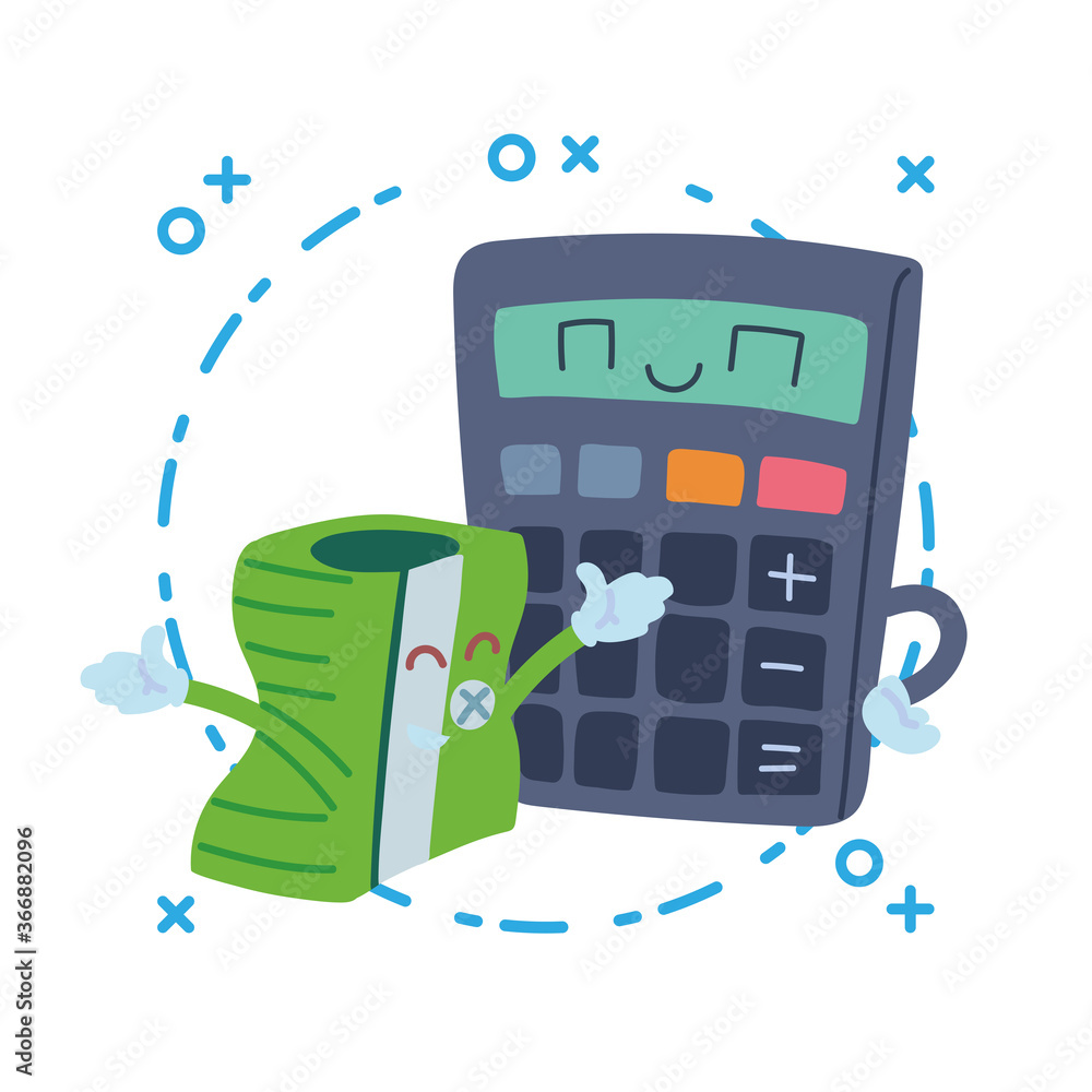 Poster calculator and sharpener with happy face cartoon