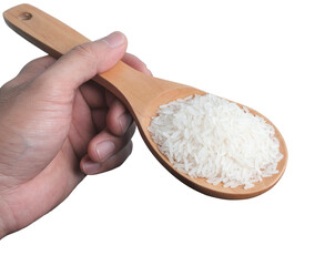 Polished white rice in wooden spoon.