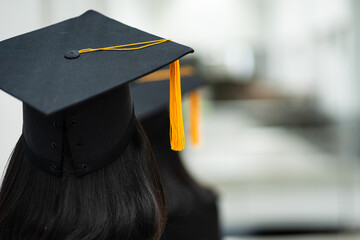 Review of the success university graduate hat during commencement. Concept of successful in...