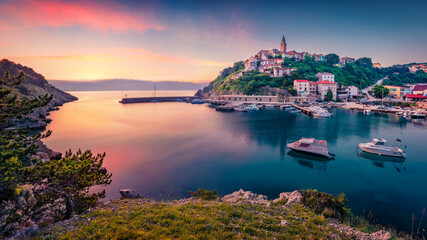 Aerial cityscape of Vrbnik town. Unbelievable summer sunrise on Adriatic sea, Krk island, Kvarner...