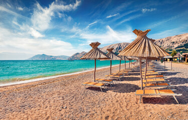 Superb morning scene of Baska Beach. Romantic summer seascape of Adriatic sea, Baska town location, Krk island, Kvarner bay archipelago, Croatia, Europe. Beautiful world of Mediterranean countries.
