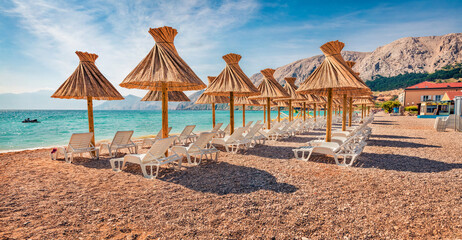 Captivating morning scene of Baska Beach. Nice summer seascape of Adriatic sea, Baska town...