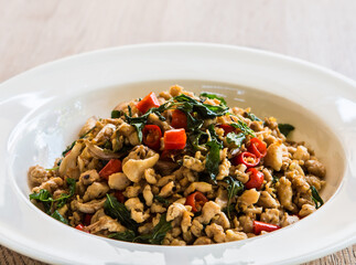 Stir fried chicken with basil, Thai famous street food