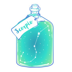 Glass Bottle with zodiac Scorpio constellation inside. Vector ink illustration. Doodle style sketch, Color gradient drawing isolated on white.
