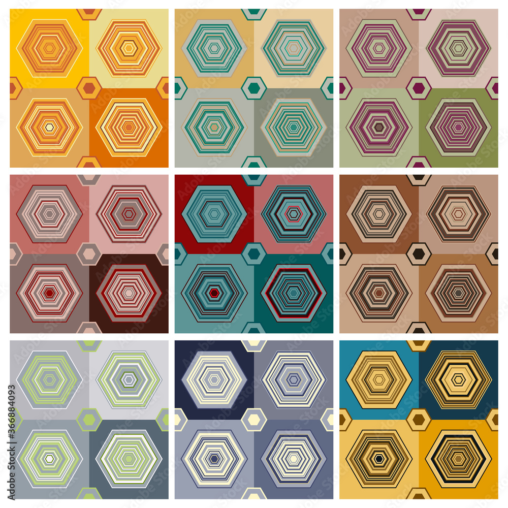 Poster abstract four hexagonal seamless pattern with colour combinations. modern design, minimalist, suitab