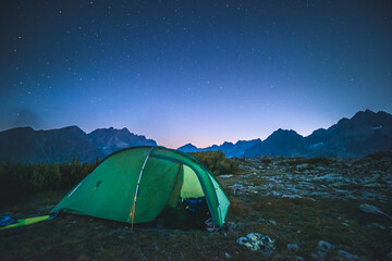 Sunset panorama in High Tatras mountains national park. Mountain popradske lake in Slovakia. Image...