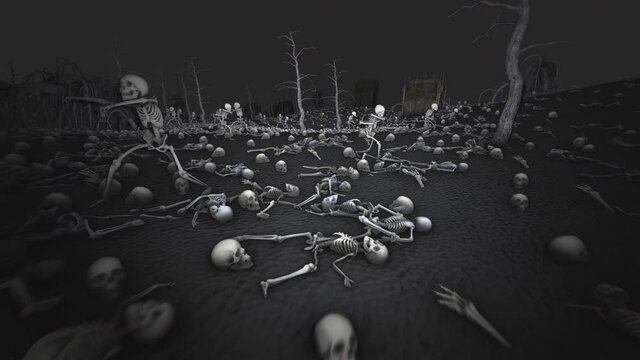 Seamless animation flying over a cemetery at night with trees, tomb stones, skulls and killer skeletons.  Spooky Halloween backdrop in a videogame style.