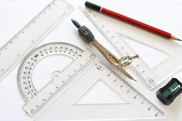 ruler and pencil mathematics tools on white background