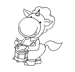 Coloring book for kids - baby unicorn plays the drum. Black and white cute cartoon unicorns. Vector illustration.	
