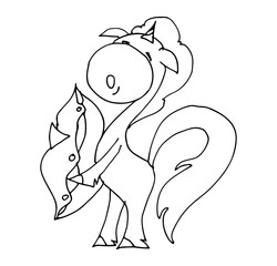 Coloring book for kids - baby unicorn yawns with a pillow and go to bed. Black and white cute cartoon unicorns. Vector illustration.	