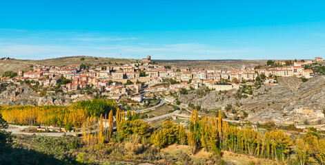 autumn landscape and the city of sepulveda,Segovia,Spain.Aerial view