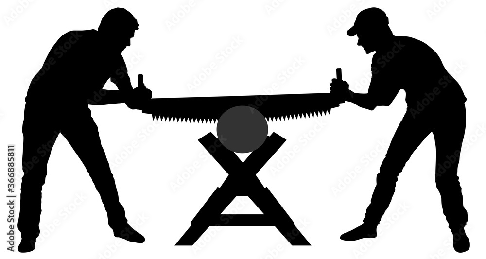 Wall mural two people sawing a log with a hand saw. silhouette vector illustration