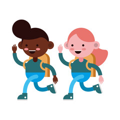 little students couple walking comic characters