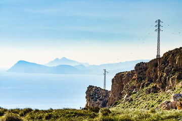 High voltage towers on spanish coast