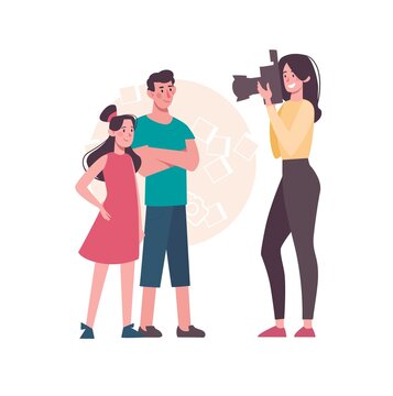 A woman photographs children on a camera with a flash, sister and brother pose for a photo. Cartoon characters. A mother takes pictures of her children. Vector, flat style isolated on white background