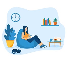 girl with laptop sitting in chair bag. Freelance or studying concept. web page design template for online education, training and courses, learning, video tutorials. Vector illustration in flat style