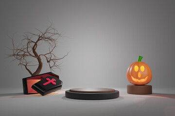 podium and candle light in pumpkin with transparent glass coffin for happy halloween ,Concept 3d illustration or 3d render