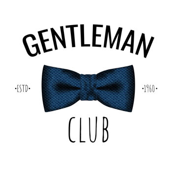 Gentlemen Club Logotype. Blue Fabric Necktie Mockup And Black Text On White Background. Gentleman Suit Element. Silk, Satin Bowtie Logo, Icon For Man Only Club. Vector Illustration.