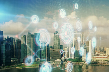 Obraz premium Data theme hologram drawing on city view with skyscrapers background multi exposure. Bigdata concept.
