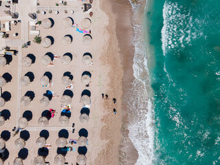 Fototapeta na wymiar Aerial Beach, People And Umbrellas On Beach Photography, Blue Ocean Landscape, Sea Waves