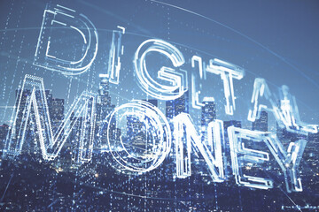 Multi exposure of cryptocurrency theme hologram drawing and city veiw background. Concept of blockchain and bitcoin.