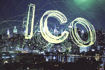 Multi exposure of cryptocurrency theme hologram drawing and city veiw background. Concept of blockchain and bitcoin.