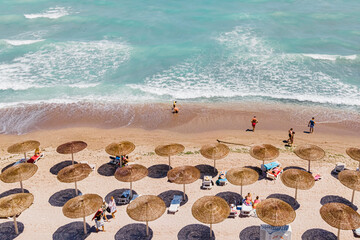 Aerial Beach, People And Umbrellas On Beach Photography, Blue Ocean Landscape, Sea Waves