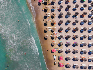 Aerial Beach, People And Colorful Umbrellas On Beach Photography, Blue Ocean Landscape, Sea Waves