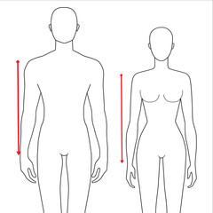 Women and men to do sleeve length measurement fashion Illustration for size chart. 7.5 head size girl and boy for site or online shop. Human body infographic template for clothes. 