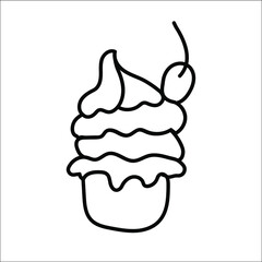 Cupcake, continuous line drawing, small tattoo, print for clothes and logo design, emblem or logo design, silhouette one single line on a white background, sweet cake isolated vector illustration.