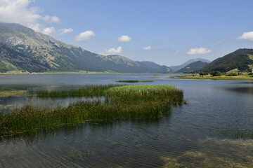 Fototapeta premium Panoramic view of Lake Matese, in the mountains of the province of Caserta, Italy.
