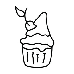 Vector black and white cupcake illustration with cherry. Hand drawing food doodle on white background. Line art for bakery logo, .Cupcake with frosting and cherry. Black and white vector illustration.