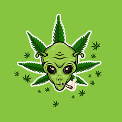 Alien with Jamb. Alien Smoking Weed Poster. Vector Illustration.