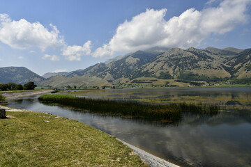 Naklejka na ściany i meble Panoramic view of Lake Matese, in the mountains of the province of Caserta, Italy.