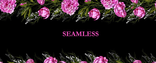 vector flowers, horizontal seamless border pattern isolated on a black  background. modern frame with hand-drawn peonies (doodling). footer illustration for your ideas