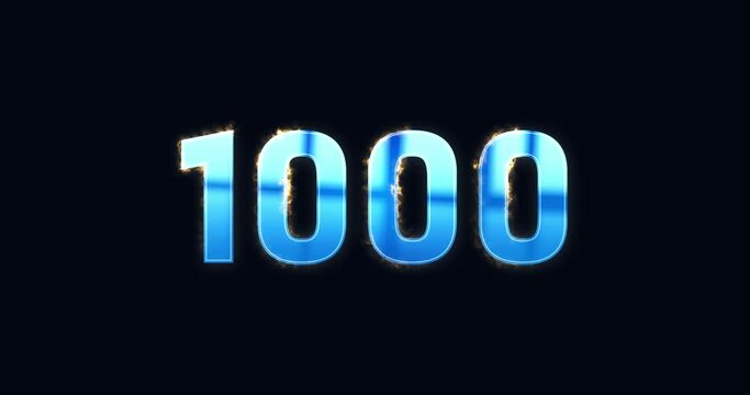 1000, 1K. Electric lightning text. Burning Logo reveal animation on black background. High quality 4k footage