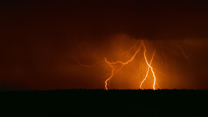 several lightning strikes during a strong thunderstorm over the lake