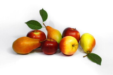Fototapeta na wymiar Ripe pears and apples on white isolated background