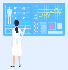 Medical care for patients vector, woman with screen scanning body of person. Monitor showing organs and dna structure, blood pressure and rate flat style