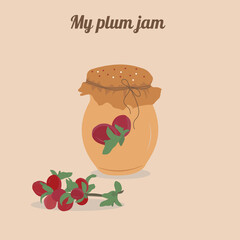 A jar of plum jam. Decorated with a decorative element with a bow. Vector illustration on a light background. For advertising and infographics. Use for presentation, banner, poster, wrapper.